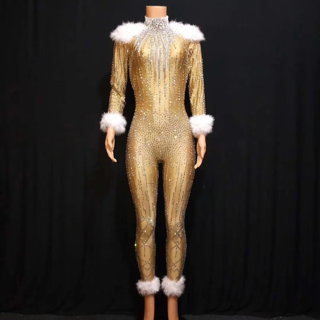 

Облегающий эластичный наряд с длинным рукавом, модные женские боди с белыми перьями и сверкающими бриллиантами, трико для диджея, певицы