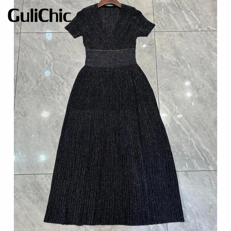 GuliChic-Женское плиссированное трикотажное платье с v-образным вырезом яркий