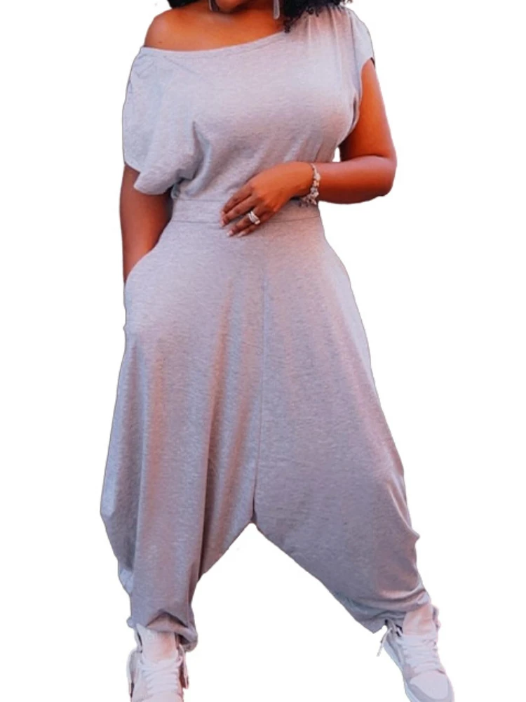 

Комбинезон женский однотонный с коротким рукавом, повседневный свободный боди-шаровары с перекрестными штанинами, уличная одежда, комбине...