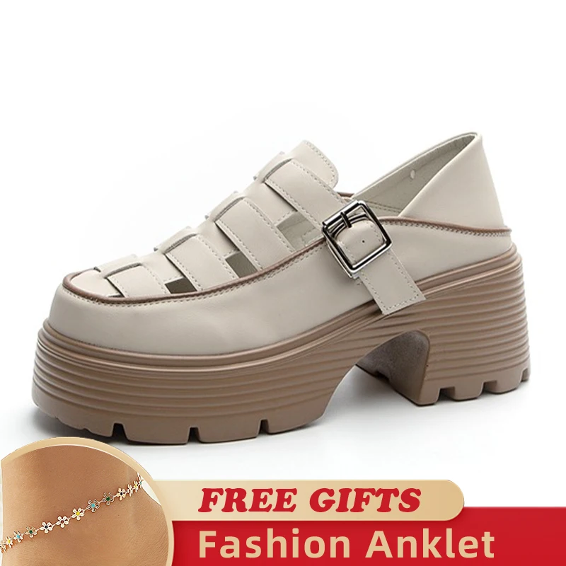 2023 New Genuine Leather Female Elevator Shoes Sandals Hollow Buckle Summer Fashion Platform Wedge Chunky Comfy Women Shoes