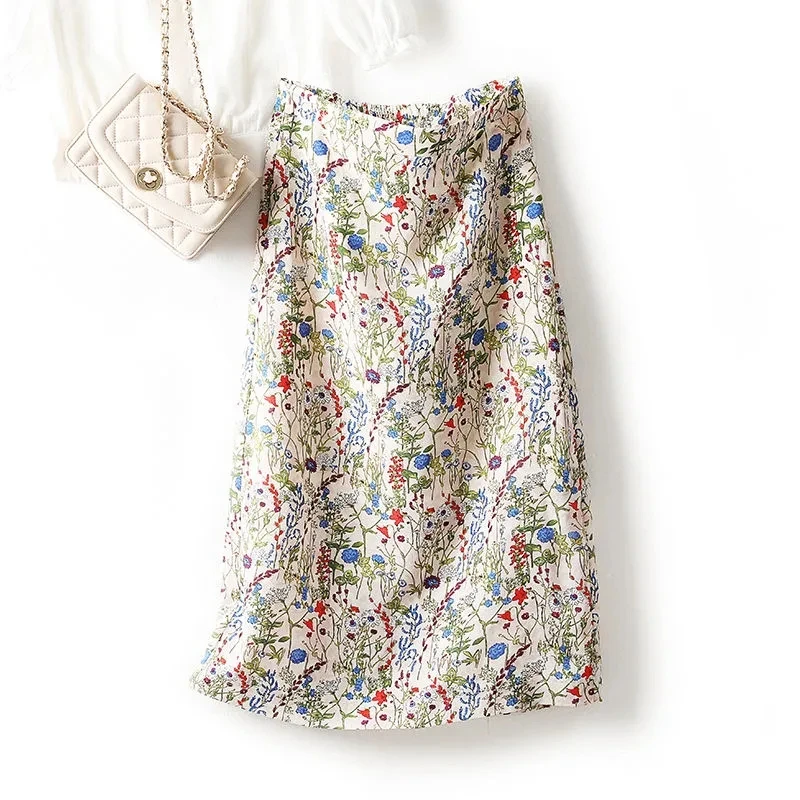 

Floral Print Chiffon Elegant Office-Lady Chic High Waist Loose Straight Women's Skirt Knee-Length Skirts For Women 2023 Spring