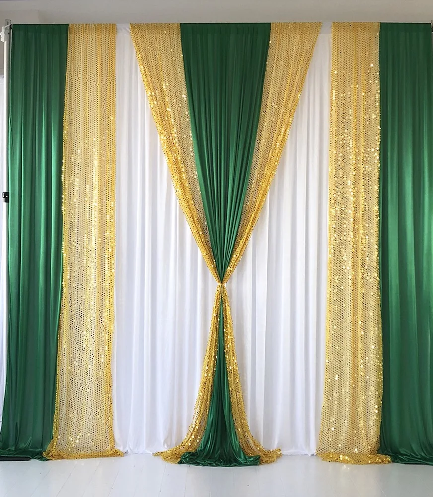 10X10FT модный белый фон занавеска с темно-зелеными ламанами и золотыми блестками