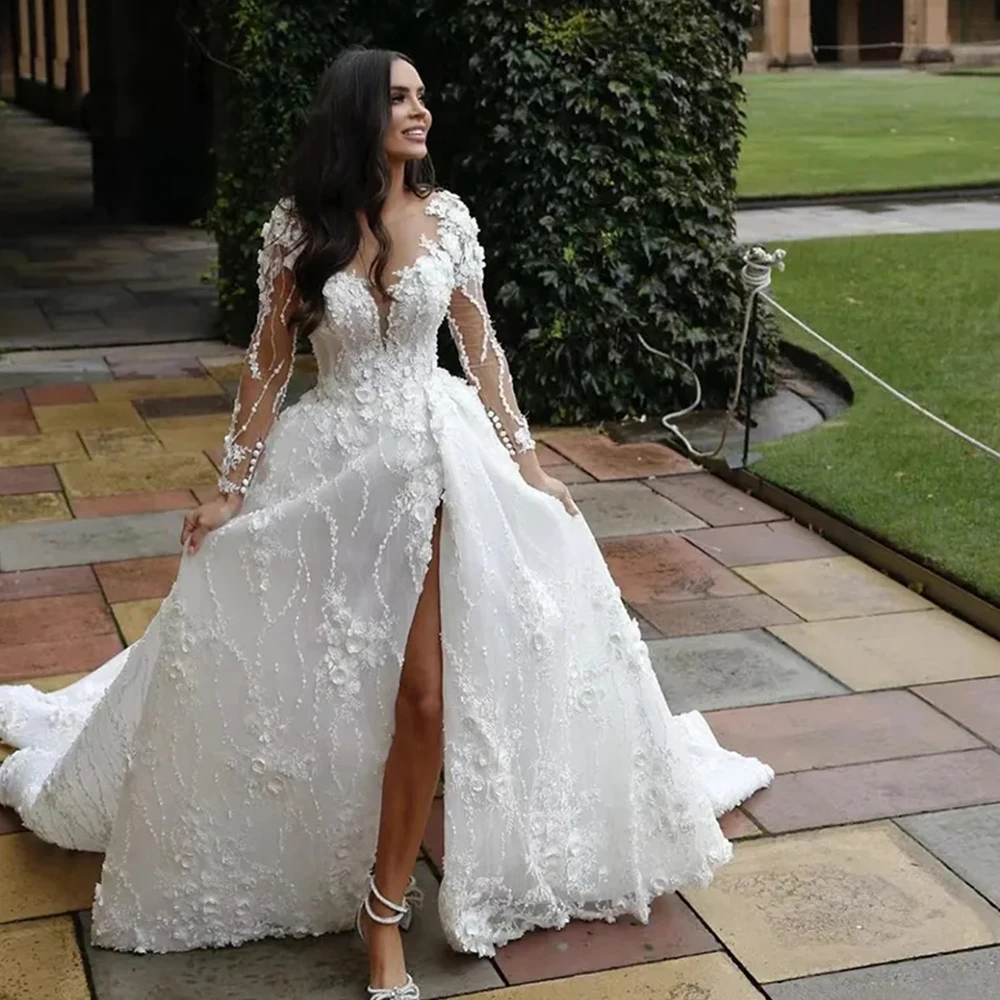 

Elegant Mermaid Wedding Dresses V-neck High Split Boho Women Illusion Open Back Bride Gown Long Sleeves Lace Crepe Applique New