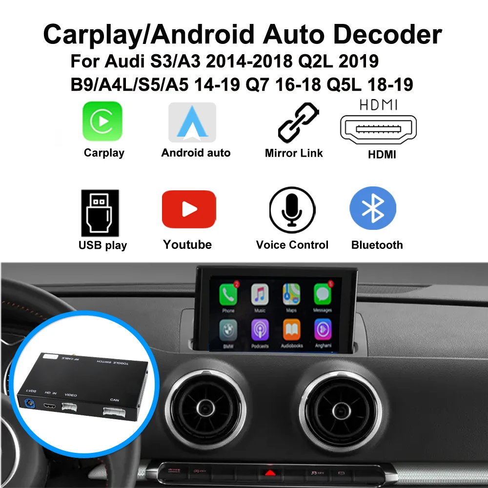

SINOSMART Wireless Carplay/Android Auto Decoder for Audi Q2L Q3 A3/S3 A4 A4L A5/S5/B9 Q5 Q5L Q7 2014+ with 7” 8.3” OEM Screen