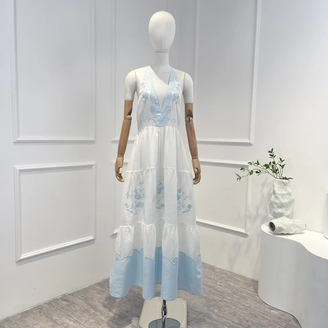 New Summer Top Quality Sky Blue Embroidery Patchwork Sleeveless Deep V-neck Backless Women Sexy Midi Dress for Holiday