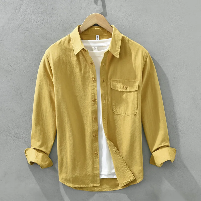

Fashion Solid Color Shirts for Men Long Sleeve Turn-down Collar Single Pocket Tops Male Pure Cotton Button Up Shirt Clothing