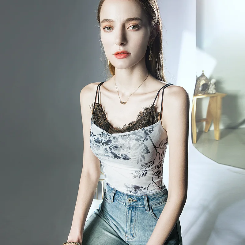 

High Quality 2023 Women Tops Print Gauze T-shirt Sexy Crop Top Clothes Spring Summer Lace Splice Tank Top Y2k Corset Top Traf