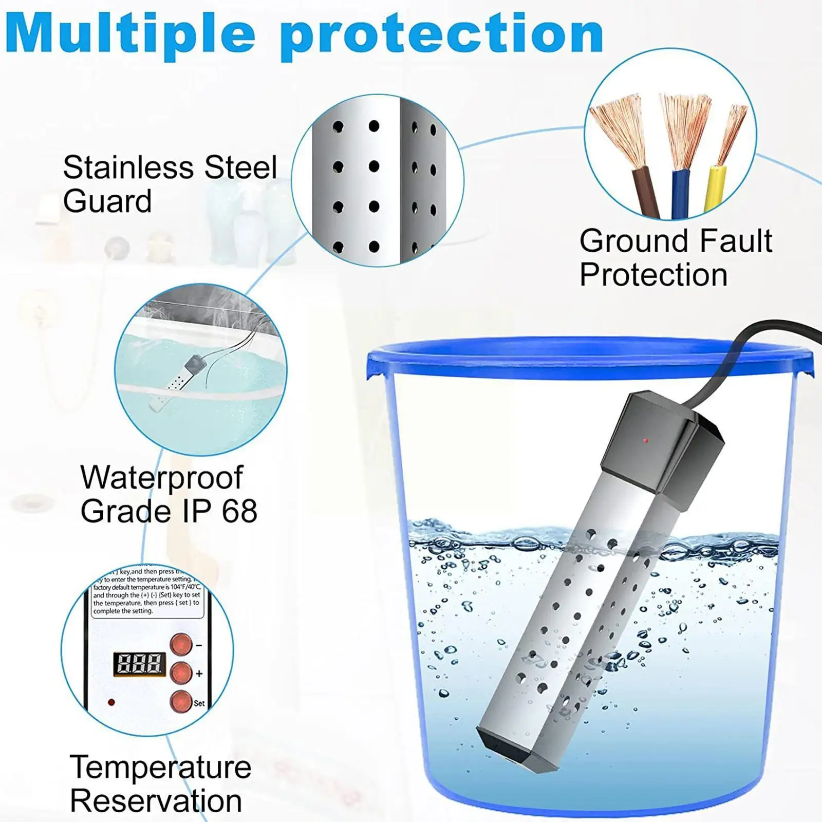 

2000W Electric Heater Boiler Immersion Water Heating Suspension Bathroom Portable Elements Pool Swimming Immersion D3X5