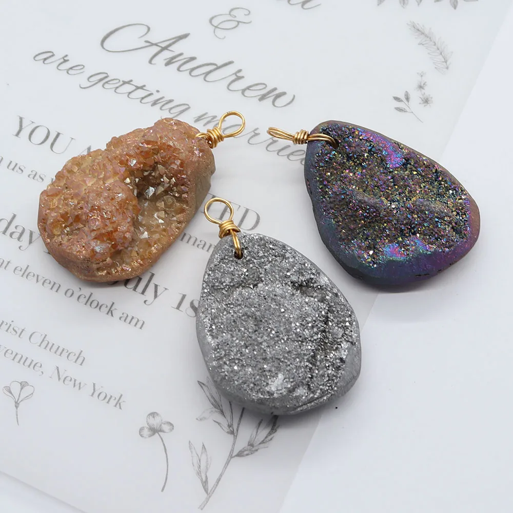 

Natural Stone Druzy Crystal Pendants Jewelry Making DIY Necklace Earrings Accessories Water Drop Shape Drusy Quartz Charms 1pcs