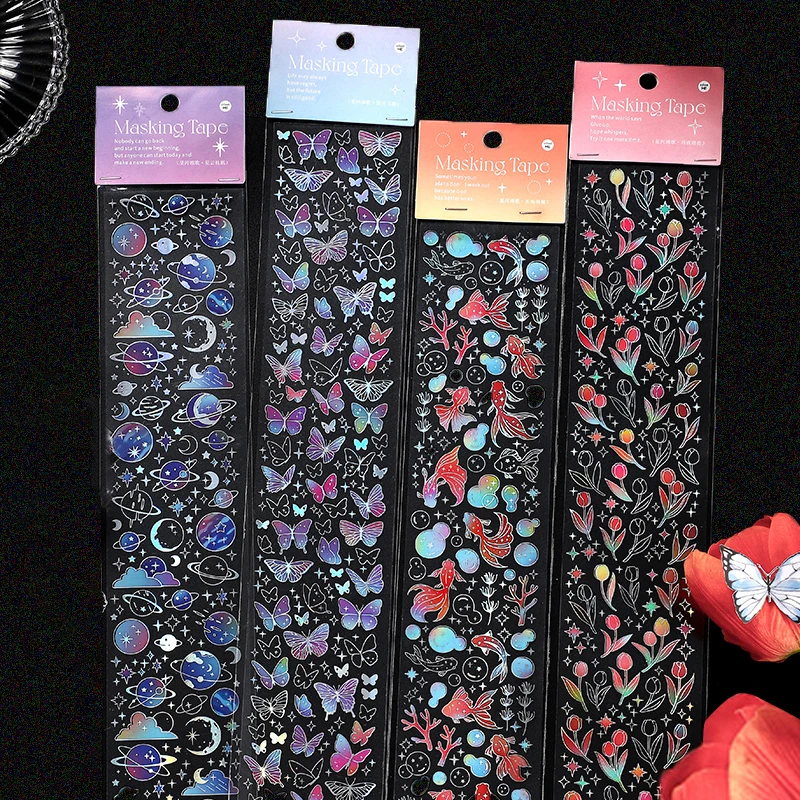 

Korean Stationery Long DIY Transparent Waterproof Bronzing Silver Laser Sticker Scrapbook Planner Card Diary Album Deco Stickers