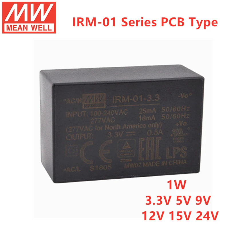 

MEAN WELL PCB SMD Style IRM-01 1W Encapsulated AC-DC Module Type Power Supply 3.3V 5V 9V 12V 15V 24V
