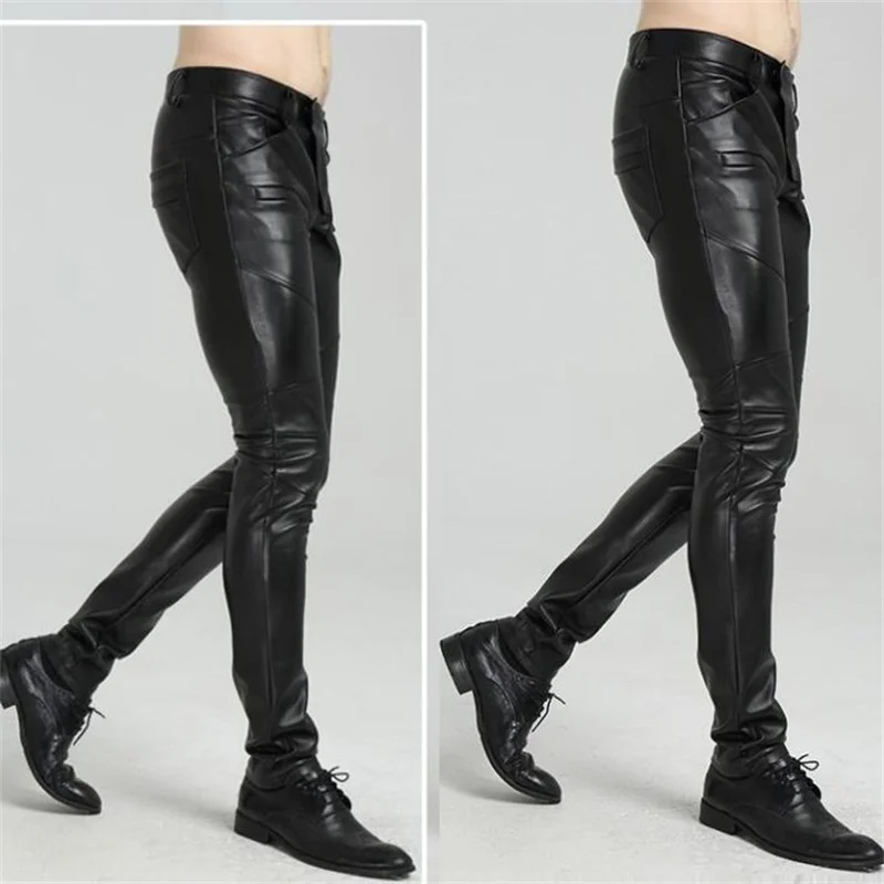 velvet faux leather pants mens feet pants fashion motorcycle pu trousers for men personality pantalon homme autumn winter