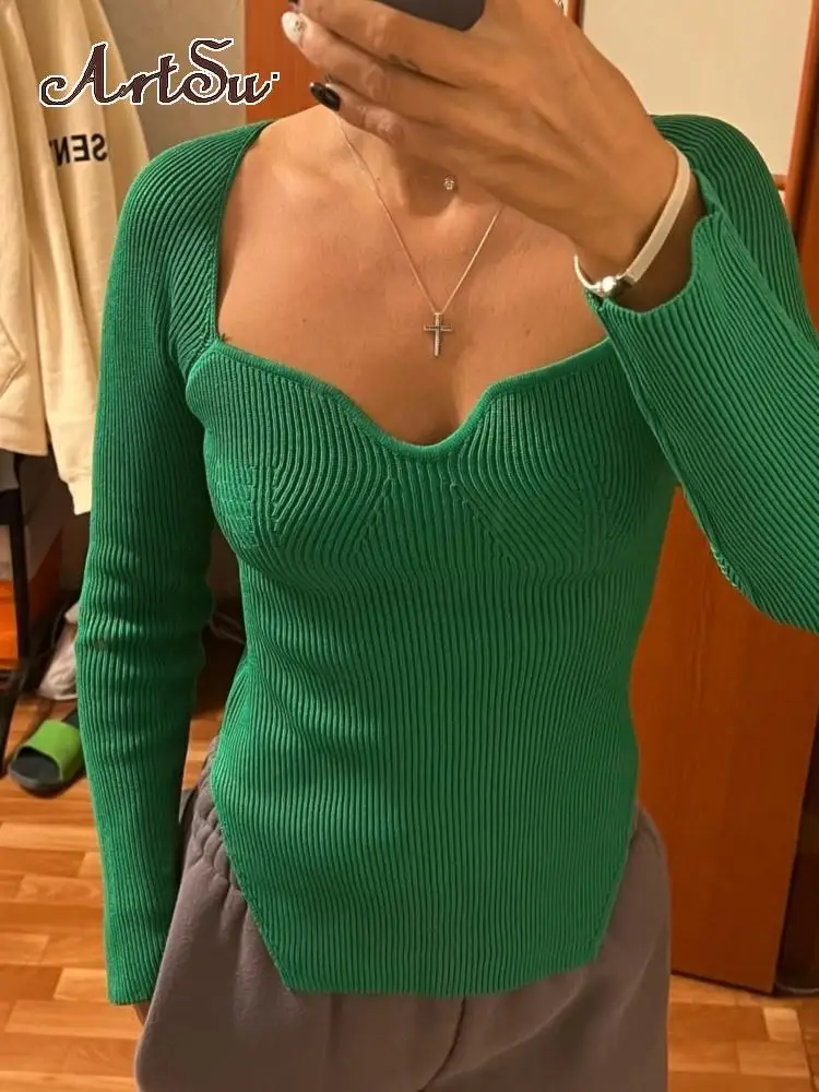 

Женская зимняя одежда 2022 новая весенняя и зимняя модная женская одежда квадратный воротник Длинные рукава Эластичный свитер Топы