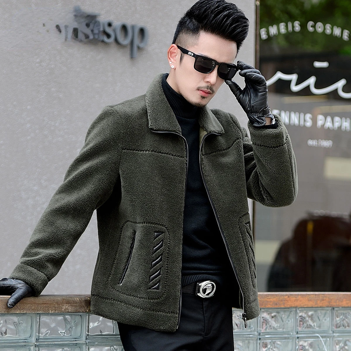 

Male Natural Shearling Fur Coat Winter Real Sheepskin Jacket Soft Men Leather Clothing Male Overcoat A25