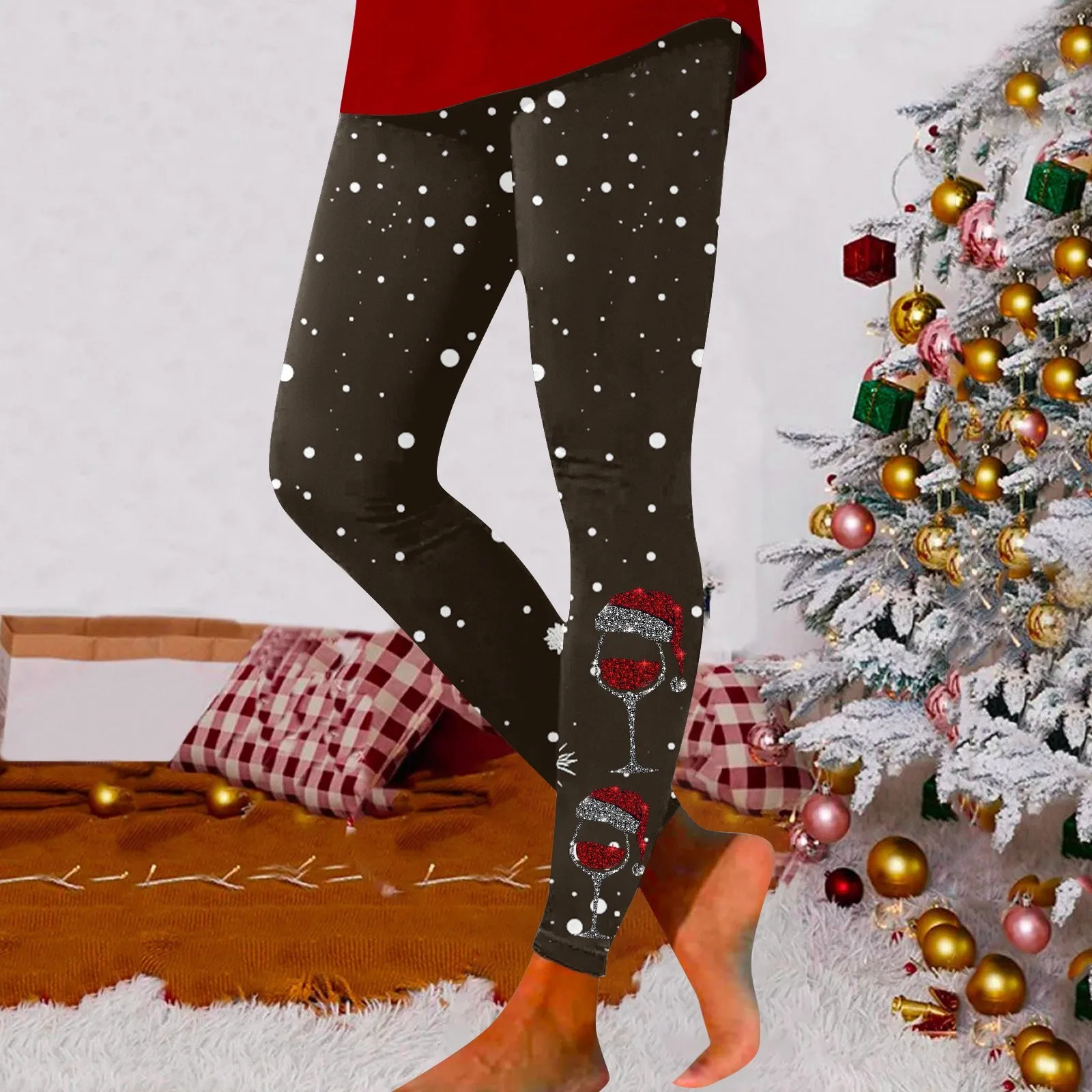Женские рождественские леггинсы с рисунком бокала для вина колготки высокой