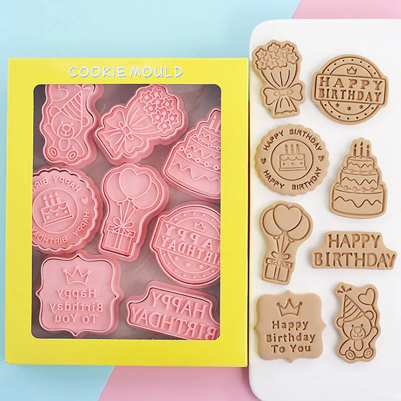 

8 шт./компл. пластиковые резаки для печенья, 3D тема на день рождения, предназначенная для оформления фотографий, для дня рождения