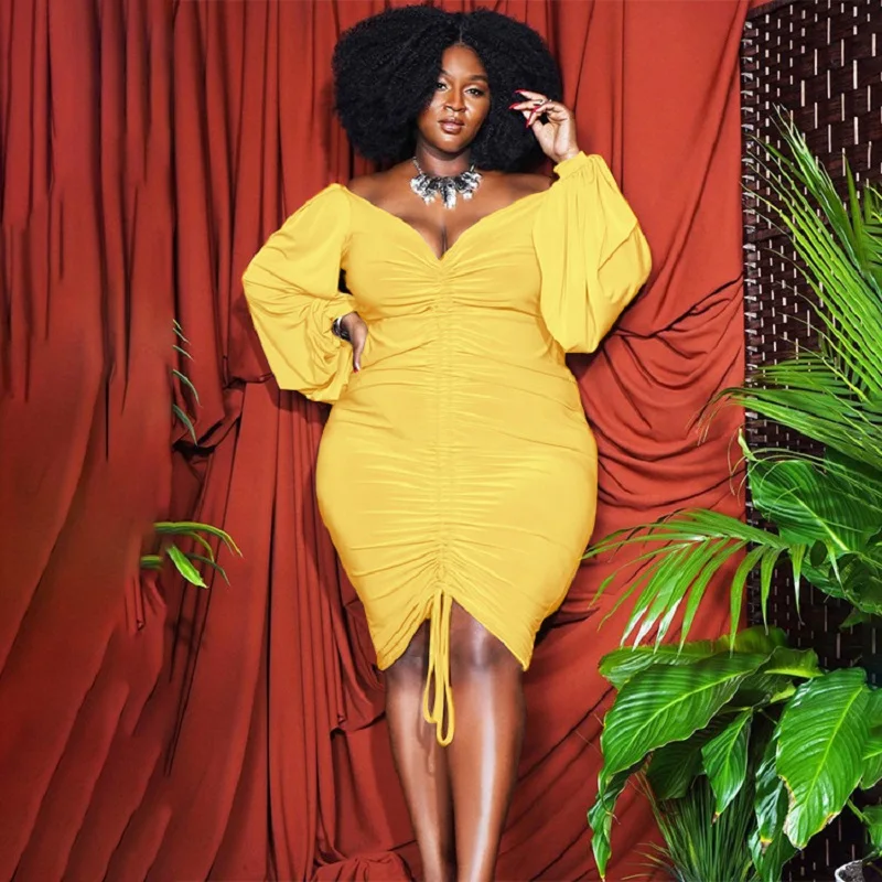 

Plus Size Elegant Dresses For Women Autumn Long Sleeve Ruffle Dresses 2022 Sexy Fashion Evening Party Gowns V Neck Outfit