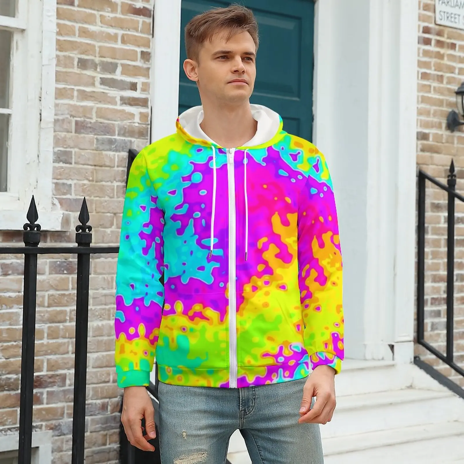 

Yellow Tie Dye Hoodie Psychedelic Print Stylish Mens Hoodies Mens Warm Zip Up Hoodie Plus Size 5XL