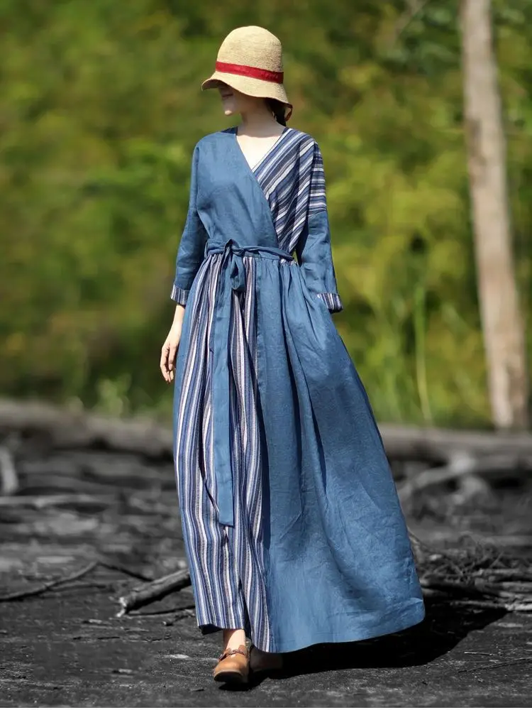 

Casual Loose Dress Women Fashion Striped Cotton Boho Ethnic Bohemian Vintage Long Maxi Dresses Female Autumn Clothing Vestidos