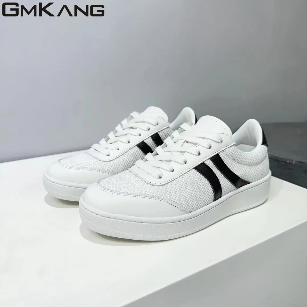 Thick soled casual shoes for women, genuine leather lace up small white shoes for women, round toe casual flat bottomed sports s