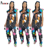 prowow fashion y2k style women jumpsuits tie dye zipper one piece romper for lady summer fall slim fit full pant playsuits