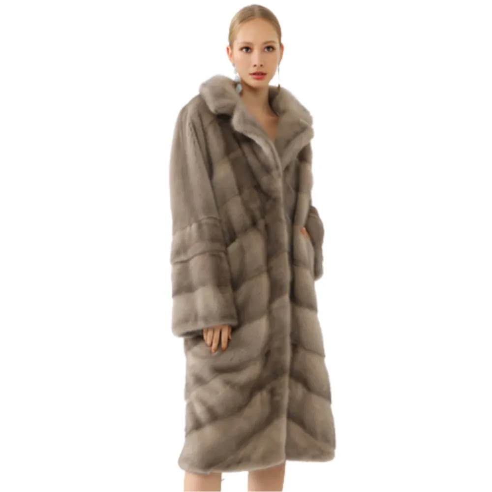 Women Winter Luxury Real Mink Fur Coat Female Genuine Leather Mink Coats Lady Turn-down Collar Lengthen Natural Fur Coat X-large