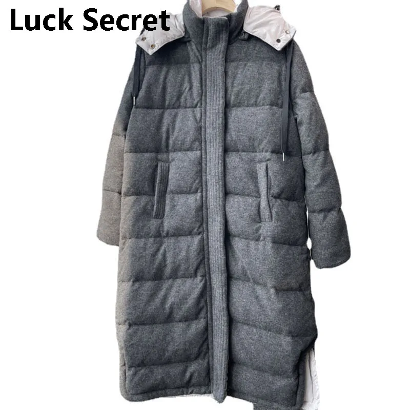 long down jacket for women Cashmere long cap thickens to keep warm White Velvet women's coats on offer with free shipping
