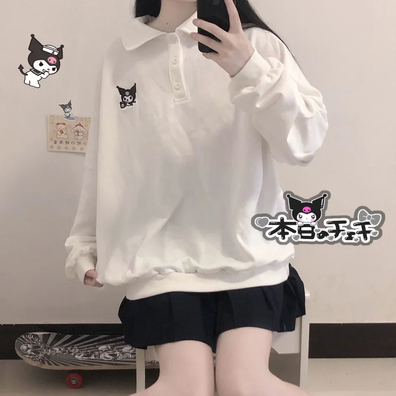 

HOUZHOU White Kawaii Polo Collar Sweatshirt Women Sweet Preppy Style Long Sleeve Hoodie Harajuku Oversized Cartoon Pullovers