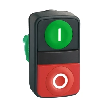 

ZB5AL7341 Harmony XB5, Double-headed push button head, plastic, Ø22, 1 green flush marked I + 1 red projecting marked O