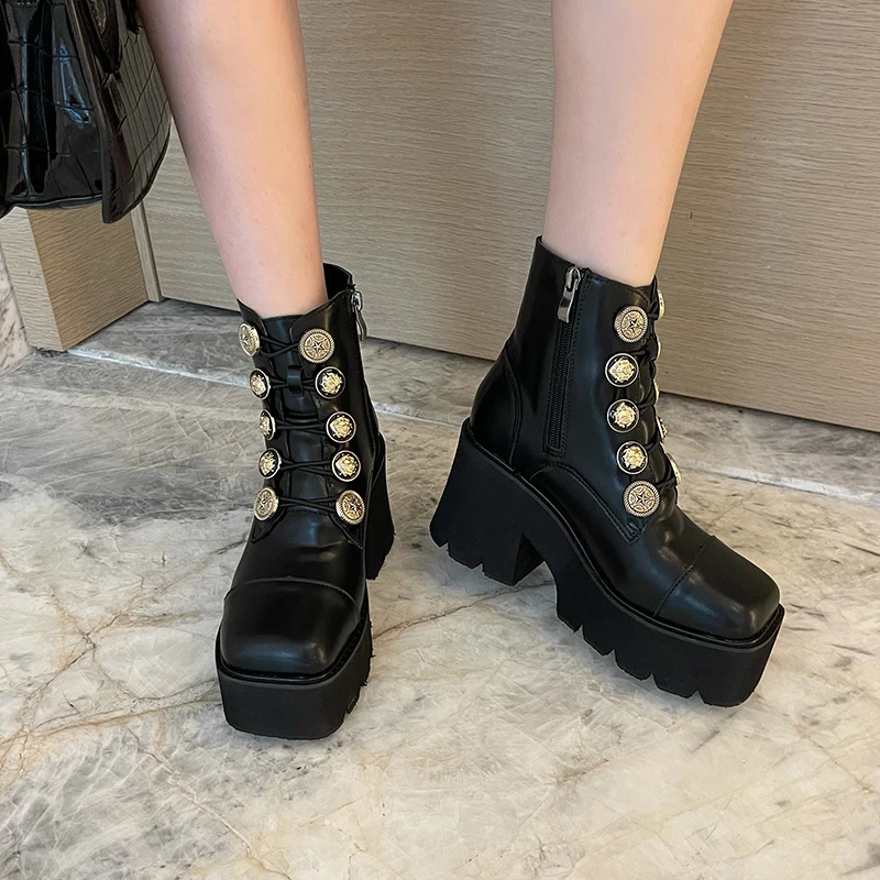 Round Toe Platform Button Cross Elastic Straps Women's Boots Side Zipper Solid Color Black Fashion PU Leather Short Martin Boots