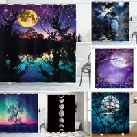 Purple Shower Curtain Lake Moonlight Stars In Night Sky with Trees Contemporary Modern Design Cloth Fabric Bathroom Decor Set