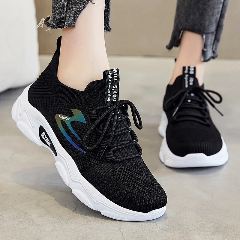 

Ladies Run Shoes For Women 2023 Soft Sole Flats Tennis Female Black Sneakers Fly Knit Mesh Skateboard Breathable Walking Travel