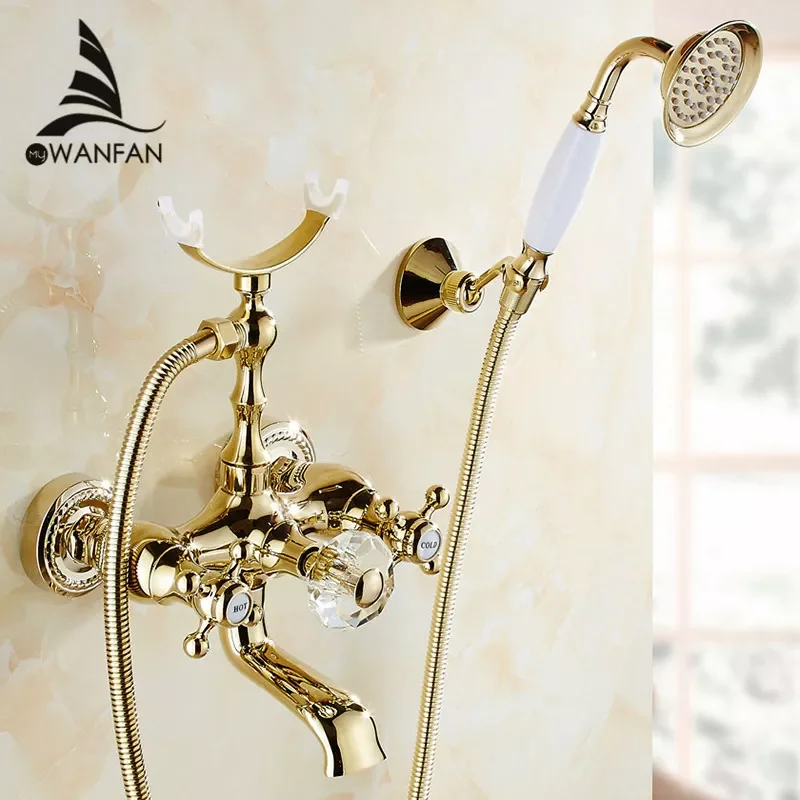 

Bathtub Faucets Luxury Gold Brass Bathroom Faucet Mixer Tap Wall Mounted Hand Held Shower Head Kit Shower Faucet Sets HS-G018