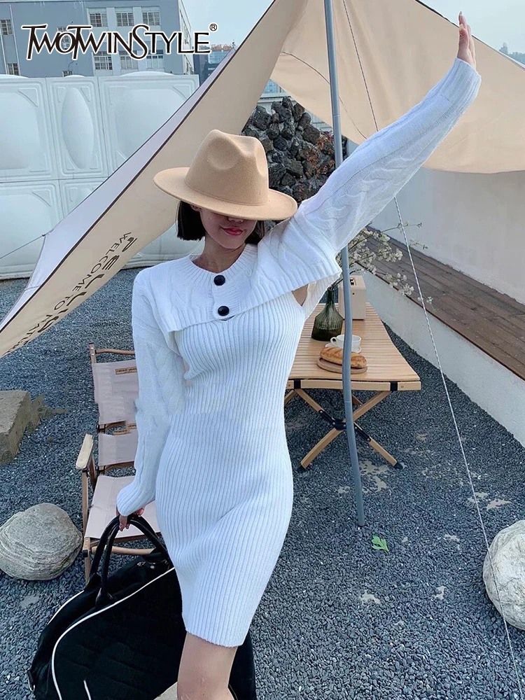 

TWOTWINSTYLE Slim Two Piece Set Womens Round Collar Long Sleeve Tops Sheath Sleeveless High Waist Dresses Solid Sets Female 2022