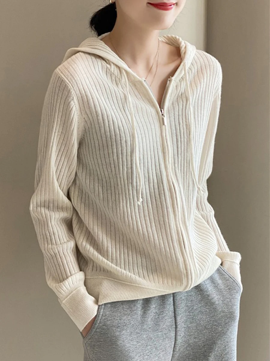 

Women's Hooded Cardigan Spring New Casual Loose Zipper Knitted Wear Slimming Solid Simple Ladies Bottoming Shirt Female Pullover
