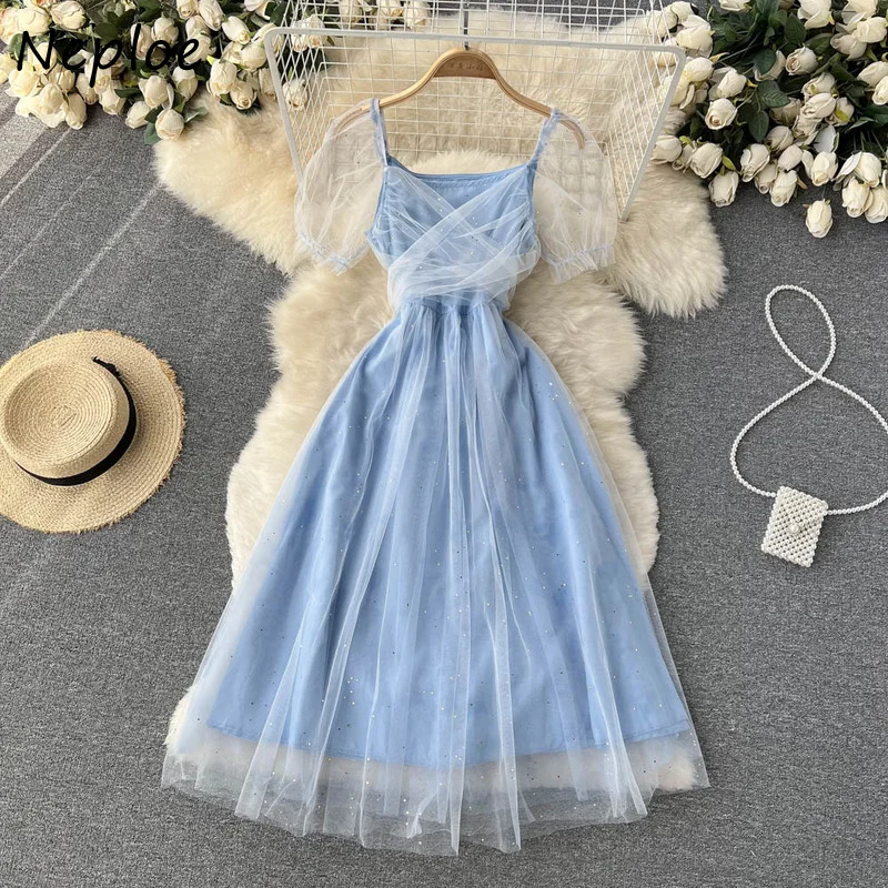 

N GIRLS Graceful Style High Waist Mesh Short Sleeve Fairy Robe Femme 2022 Spring Summer New Vestidos Women Bow Bandage Dresses
