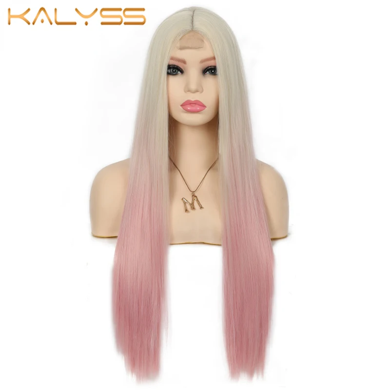 Kalyss 28 Inches Straight Fake Scalp Synthetic Handmake Wigs Natural Middle Part Long Wig Heat Resistant Fiber  for Women