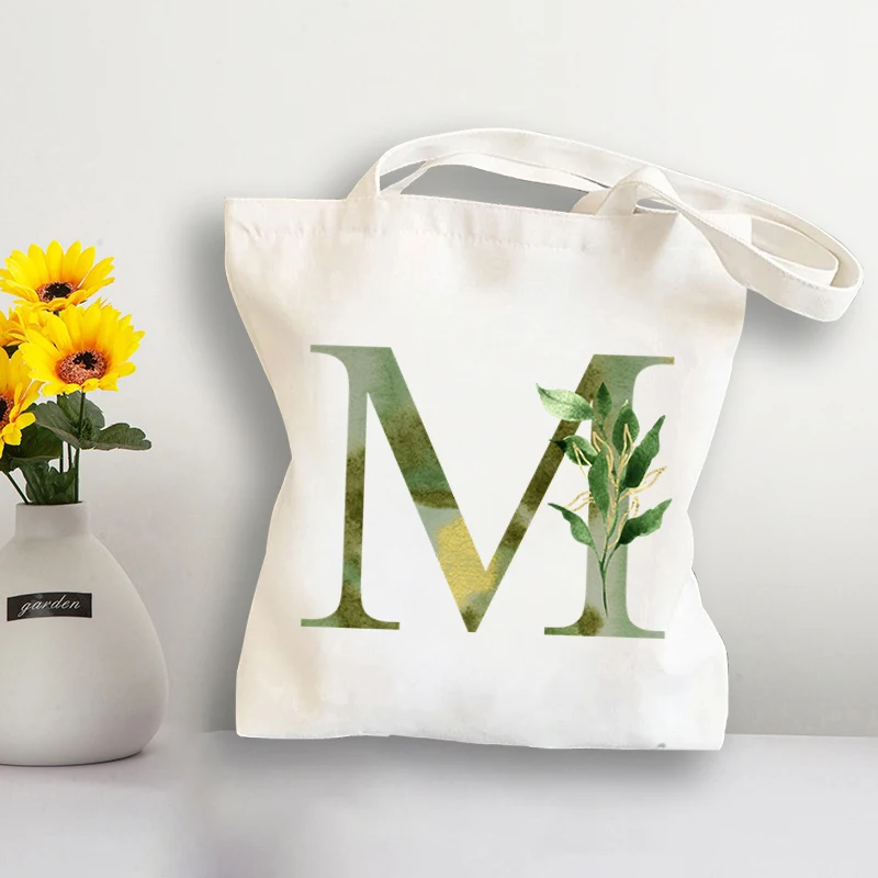 

White Bags Women Canvas Tote Bag Funny Green Flower 26 Alphabet A-Z Print Shoulder Bag Bolsos Harajuku Eco Reusable Shopper Bag