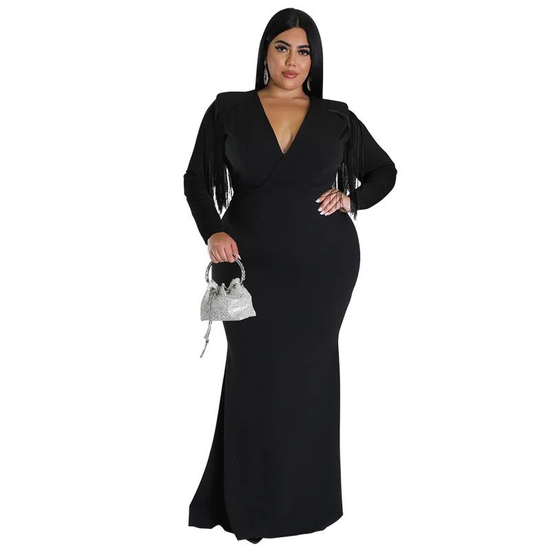 Plus Size Women's Dresses Sexy Long Sleeve Fringe Solid Color Deep V-neck Evening Dress Fashion Casual Elegant Party Dresses