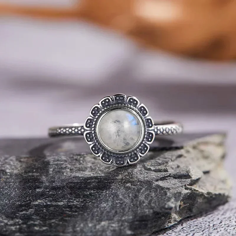 Кольцо из стерлингового серебра 925 пробы с ромашкой для женщин роза лунный камень