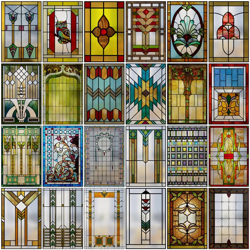 

Custom size Stained Glass Window Film Retro Church Vintage Painted Frosted Static Cling Art Colored Glass Films Door Sticker