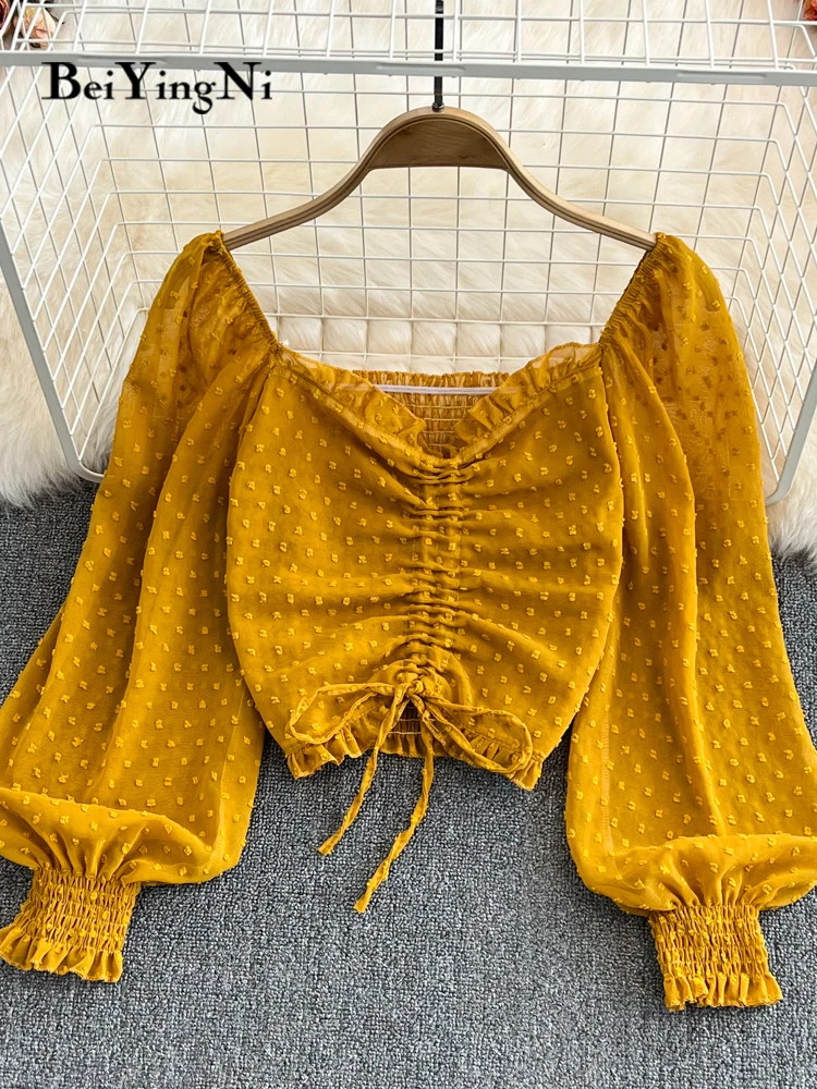 

Beiyingni 2022 Осенние блузки с длинным рукавом-фонариком, Женские винтажные укороченные топы с квадратным вырезом, женские модные рубашки в офис...