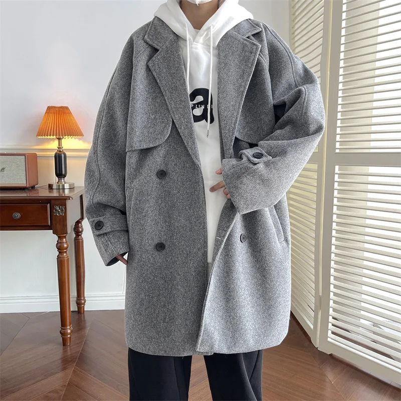 Winter Thick Woolen Coat Men Warm Fashion Long Woolen Coat Men Korean Loose Oversized Trench Coat Mens Overcoat Large Size M-5XL