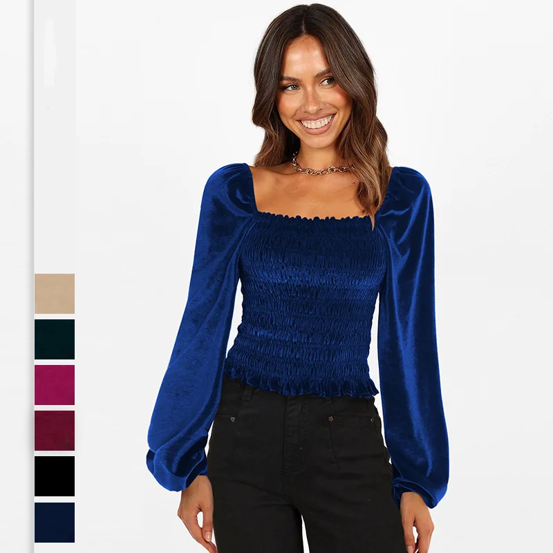 

Women Top with Elegant Temperament Long Sleeved Solid Color T-shirt Suede Base Shirt