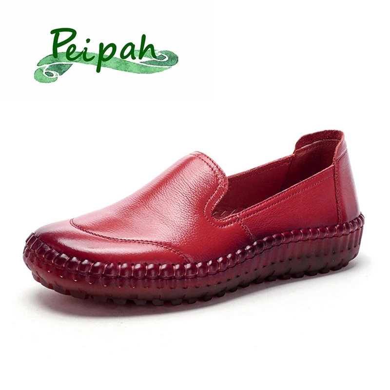 

PEIPAH Handmade Retro Women Flats Shoes Genuine Leather Espadrilles Women Leather Female Flat Loafers Shoes Slip On Sneakers