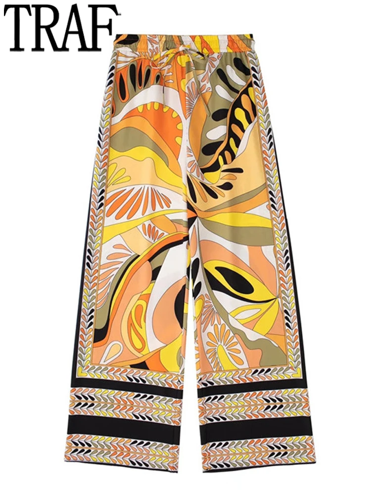 

TRAF Printed Wide Leg Pants For Women High Waist Baggy Pants Woman Fashion Streetwear Casual Pants Sets Women's Summer Trousers