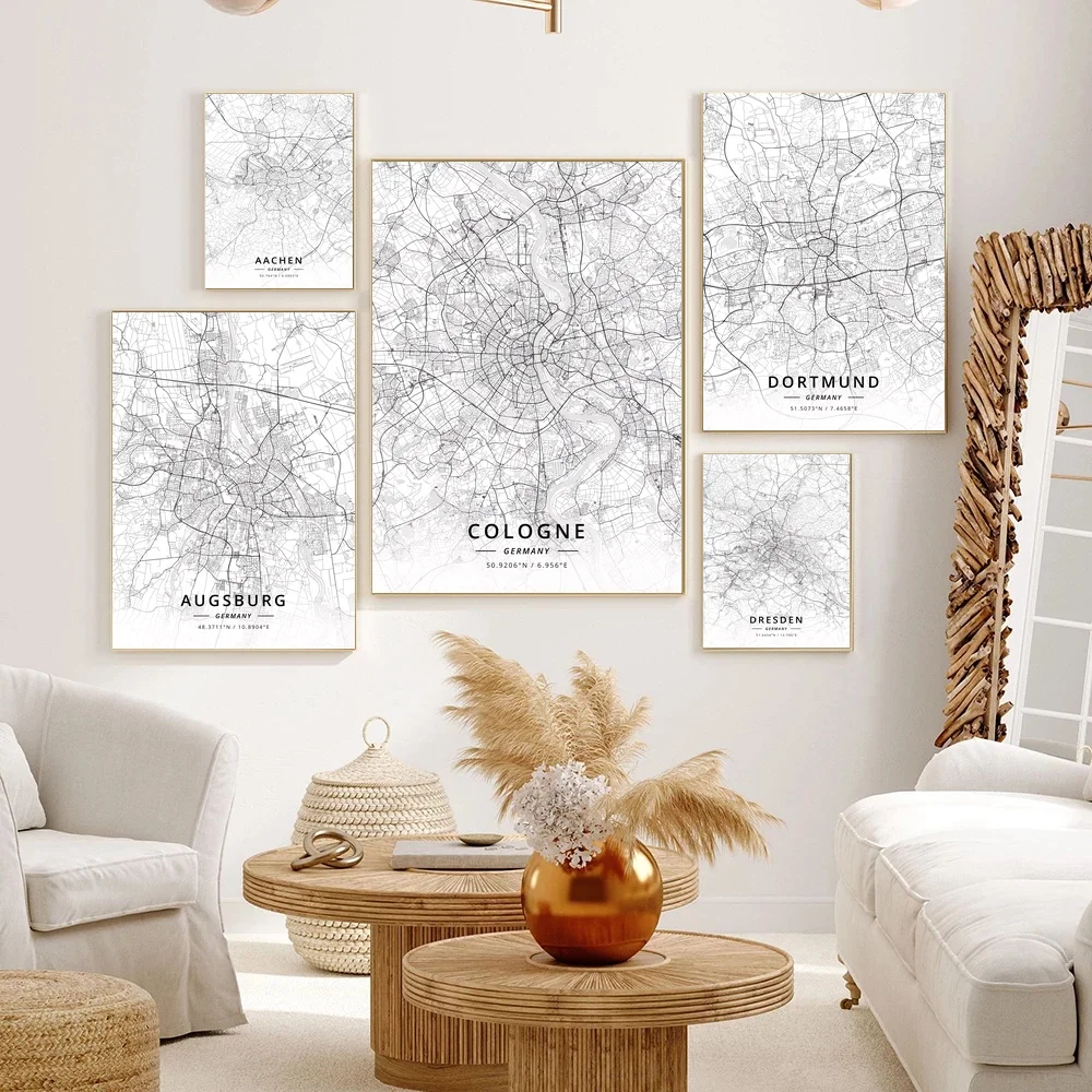 Aachen Германия, аугсберг, одеколон, Дортмунд, Дрезден, дуисбург, конрефелд, лейпг, уилденси карта печать Декор для дома нерамка
