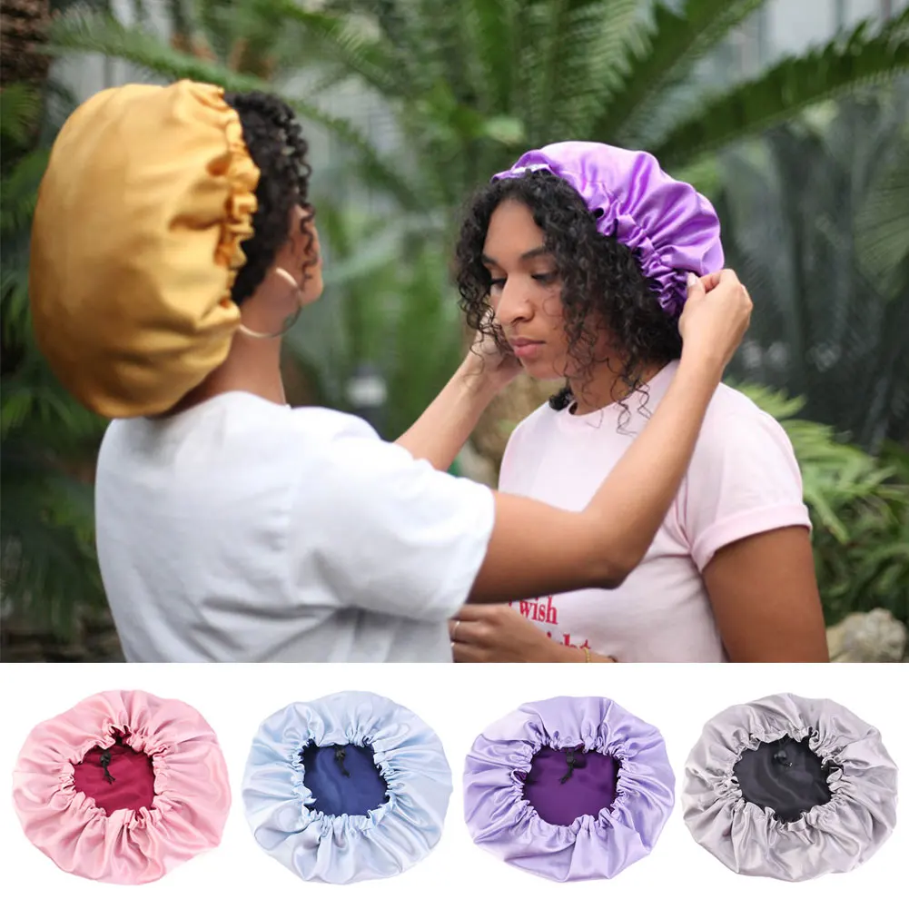 Silk Satin Hat Double Layer Adjustable Night Sleep Cap Hair Care Beauty Bonnet Hat