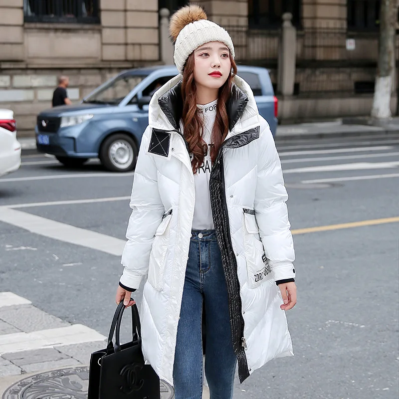 Shiny Face Down Padded Jacket Mid-length Russian Simple Thick Coat Women 2023 New Winter Korean Version of Loose Hooded Overcoat