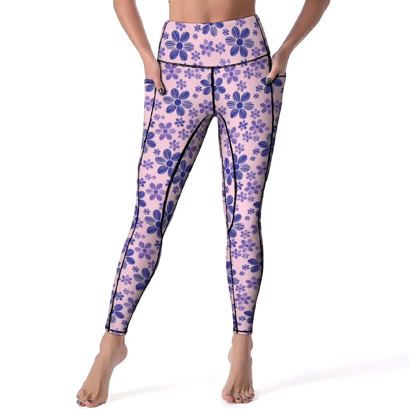 

Purple Daisy Leggings Sexy Retro Floral Print Gym Yoga Pants Push Up Stretchy Sports Tights With Pockets Breathable Leggins